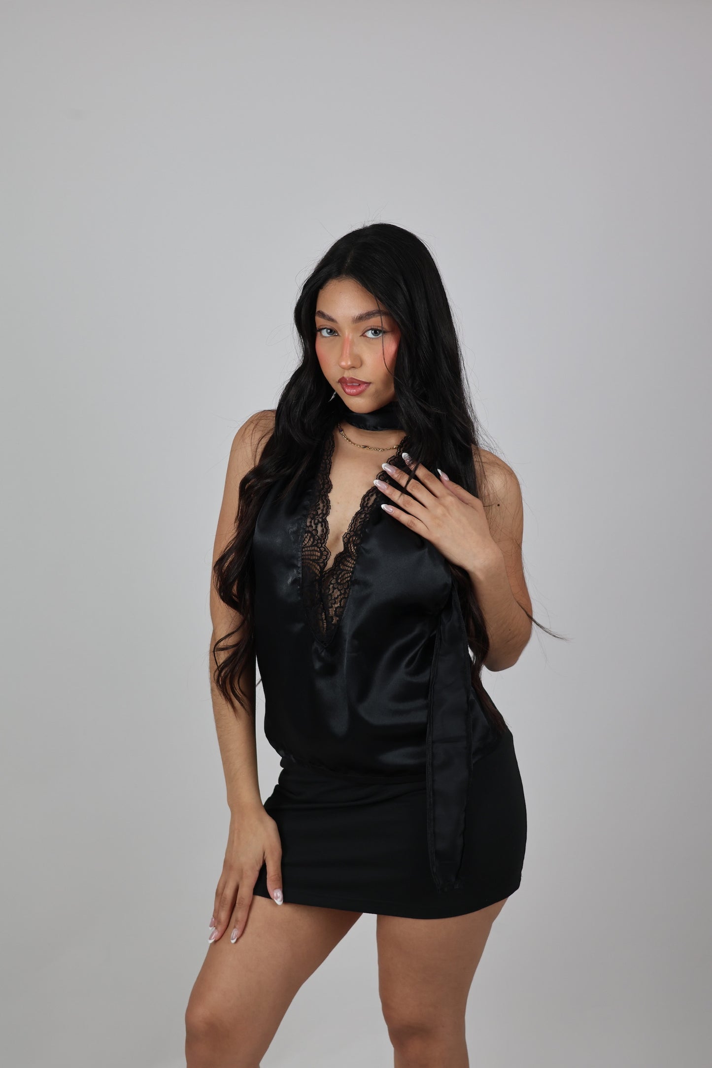 Black lace satin top